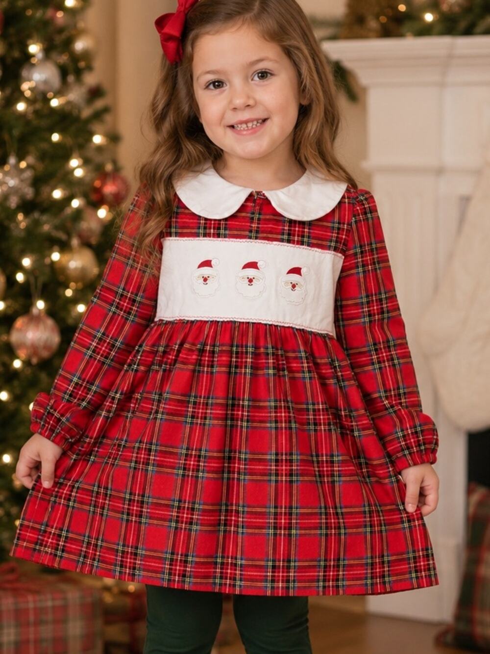 Boutique  Red Plaid Santa Embroidered Peter Pan Dress Girls Size 5